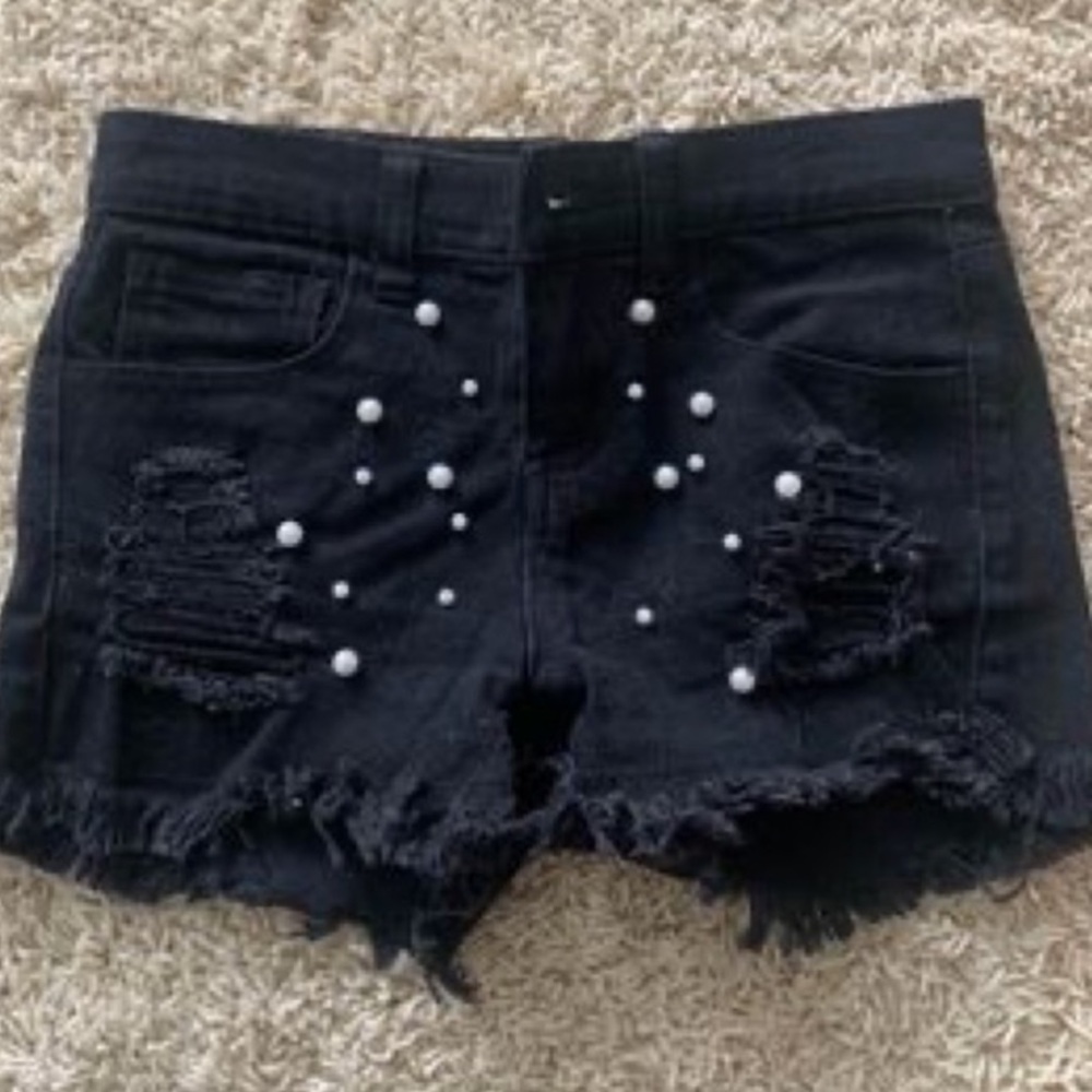 Pinc black distressed denim shorts with pearl accents  Size 10